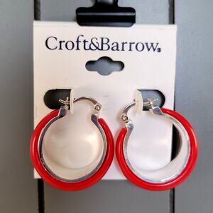 Croft & Barrow Red Silver Hoop Earrings Pierced 1.43in Resin Metal, Gift Bag